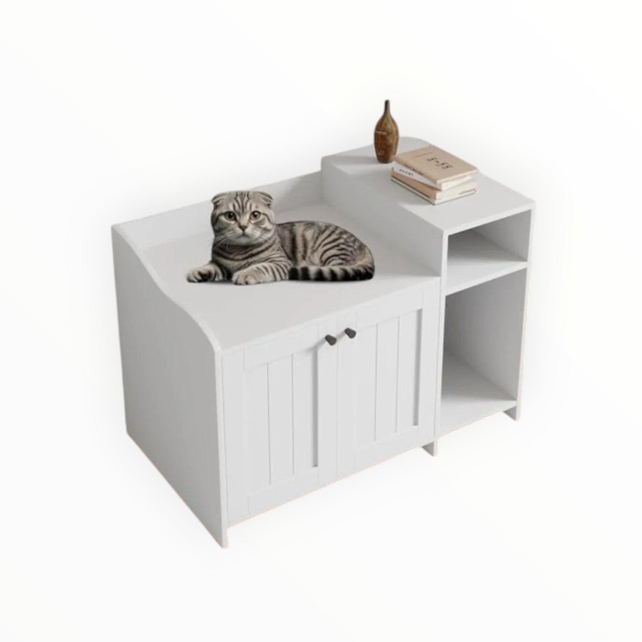 Mincy Pets white wooden cat litter box enclosure cabinet with side storage shelf and a cat resting on top