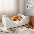 Mincy Pets white upholstered dog bed with a soft, cloud-like design, featuring a golden retriever sleeping inside.