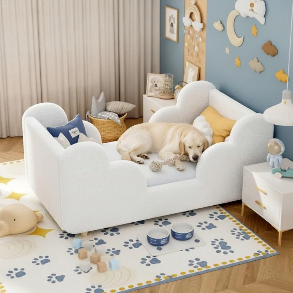 Mincy Pets white upholstered toddler floor bed with a soft cloud-shaped frame in a cozy nursery setting