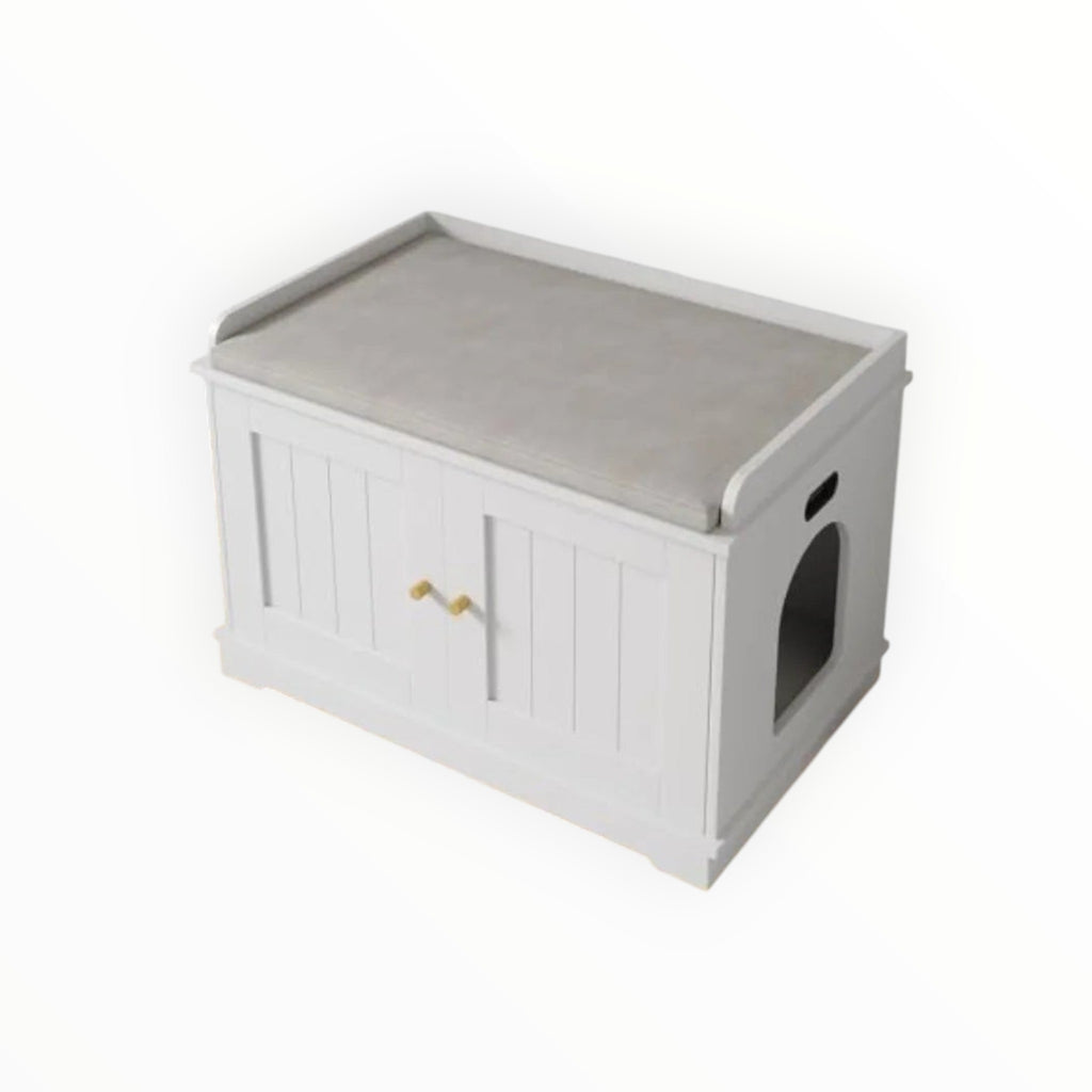 Mincy Pets white wooden cat litter box enclosure cabinet with a cushioned top seat and side entry hole