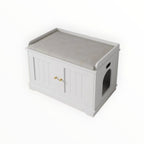 Mincy Pets white wooden cat litter box enclosure cabinet with a cushioned top seat and side entry hole