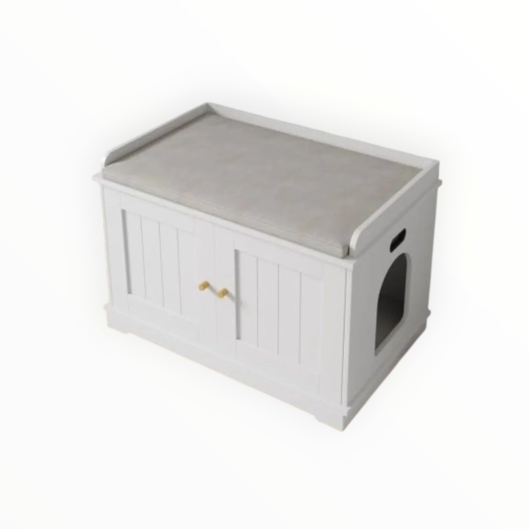 Mincy Pets white wooden cat litter box enclosure cabinet with a cushioned top seat and side entry hole