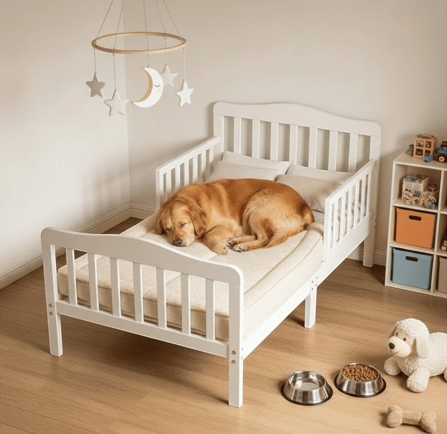 Mincy Pets white wooden toddler bed with safety guardrails and a golden retriever sleeping on a soft mattress