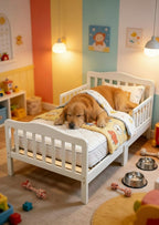 Mincy Pets white wooden toddler bed with safety guardrails featuring a golden retriever sleeping comfortably inside.