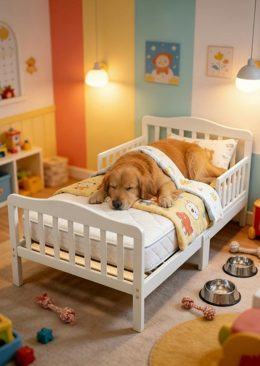 Mincy Pets white wooden toddler bed with safety guardrails featuring a golden retriever sleeping comfortably inside.