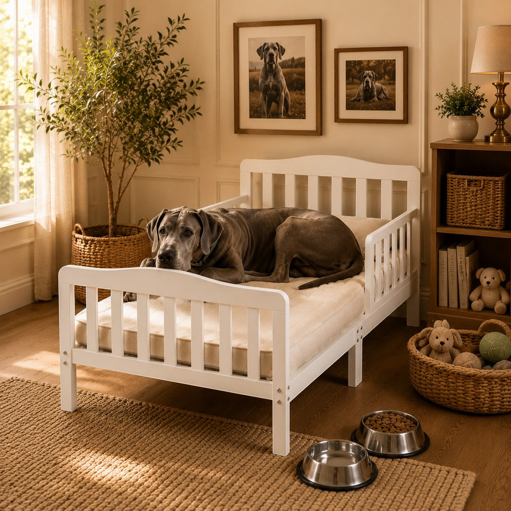 Mincy Pets white wooden XXL platform dog bed with guardrails and a large Great Dane resting on a beige mattress.