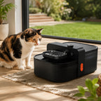 Mincy Pets wireless black cat water fountain with stainless steel bowl on a rug next to a calico cat