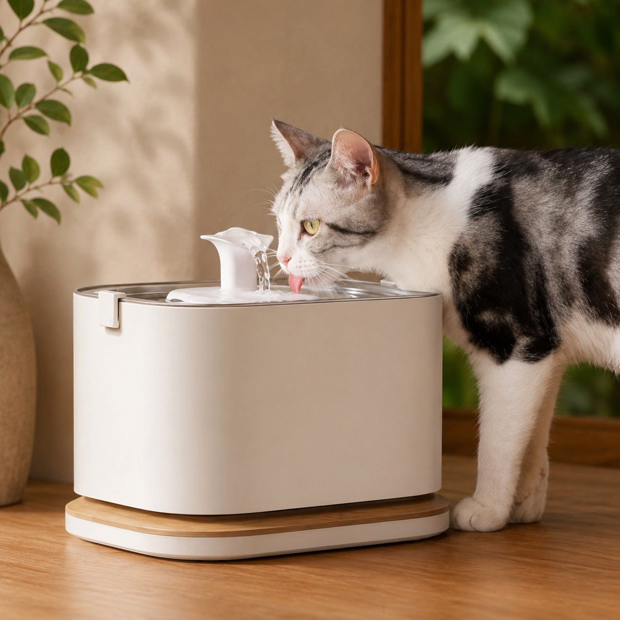 Mincy Pets wireless cat water fountain with stainless steel tray and wood-look base, being used by a tabby cat