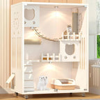 Mincy Pets large white wooden cat house with glass door, internal LED lights, climbing platforms, and storage drawers.
