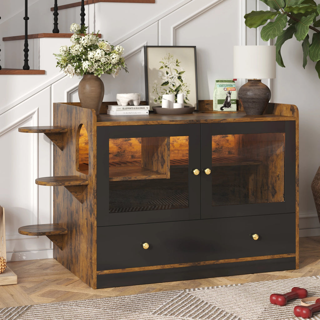 Mincy Pets wooden cat litter box enclosure with side stairs, glass doors, and a storage drawer in a living room setting.