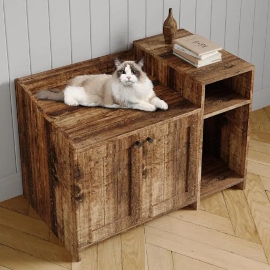 Mincy Pets wooden cat litter box enclosure cabinet with a rustic finish and a cat resting on top