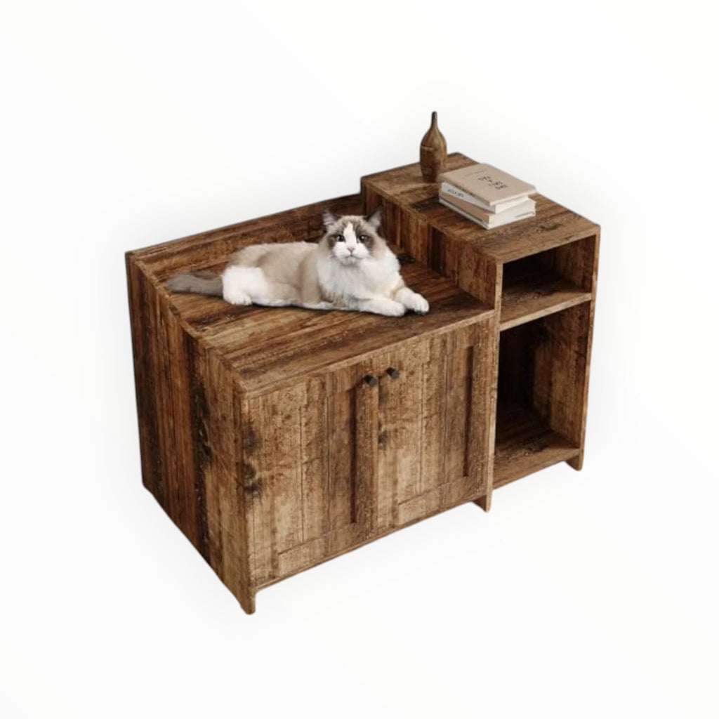 Mincy Pets wooden cat litter box enclosure cabinet with a rustic finish and a cat resting on top