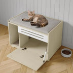 Mincy Pets wooden cat litter box enclosure with a cushioned top, white vented door, and open side compartment.