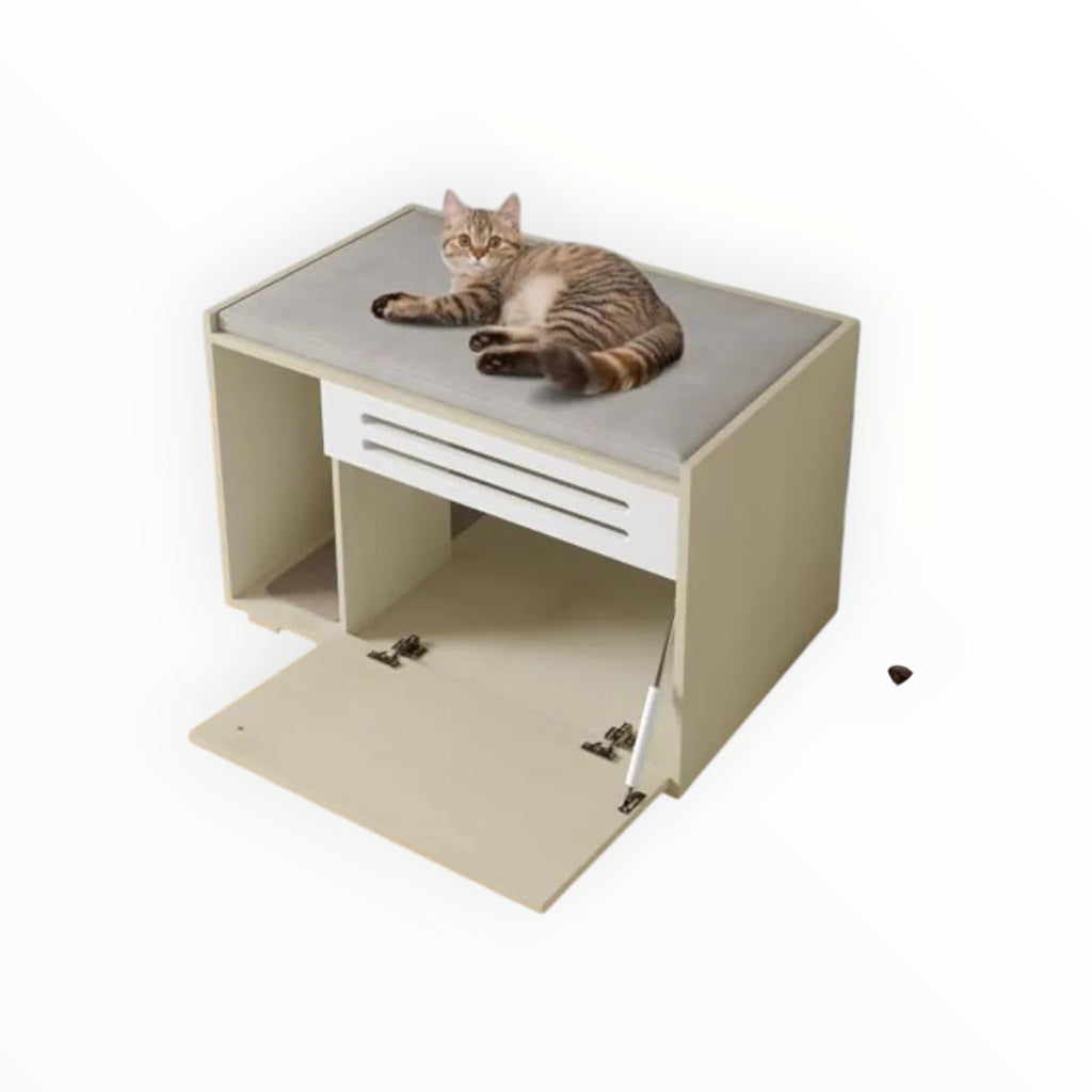 Mincy Pets wooden cat litter box enclosure with a cushioned top seat and front-opening door in a modern beige finish.
