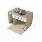Mincy Pets wooden cat litter box enclosure with a cushioned top seat and front-opening door in a modern beige finish.