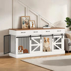 Mincy Pets heavy-duty wooden dog crate with sliding barn doors, storage drawers, and removable divider in white