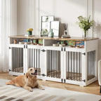 Mincy Pets 72 inch wooden dog crate furniture with white frame, black metal bars, and top storage for two dogs