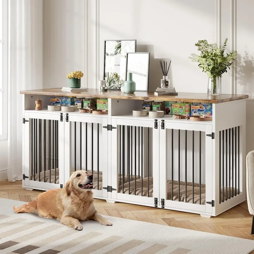 Mincy Pets 72 inch wooden dog crate furniture with white frame, black metal bars, and top storage for two dogs