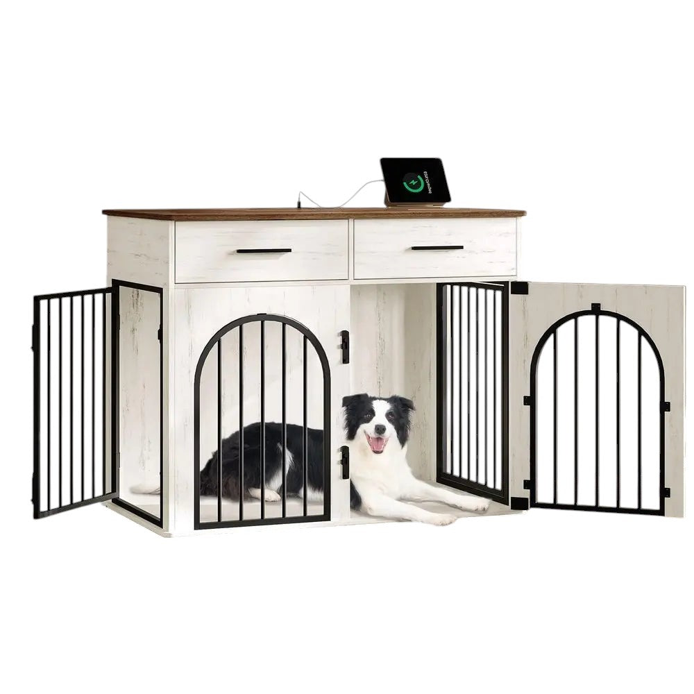 Mincy Pets large wooden dog crate furniture with two storage drawers, charging station, and black metal barred doors.