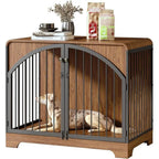 Mincy Pets retro brown wooden dog crate end table with metal bars and a dog resting inside.