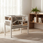 Mincy Pets 2-story wooden guinea pig cage with a ramp, hideout, and removable leak-proof tray in a bright living room.