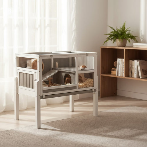 Mincy Pets 2-story wooden guinea pig cage with a ramp, hideout, and removable leak-proof tray in a bright living room.