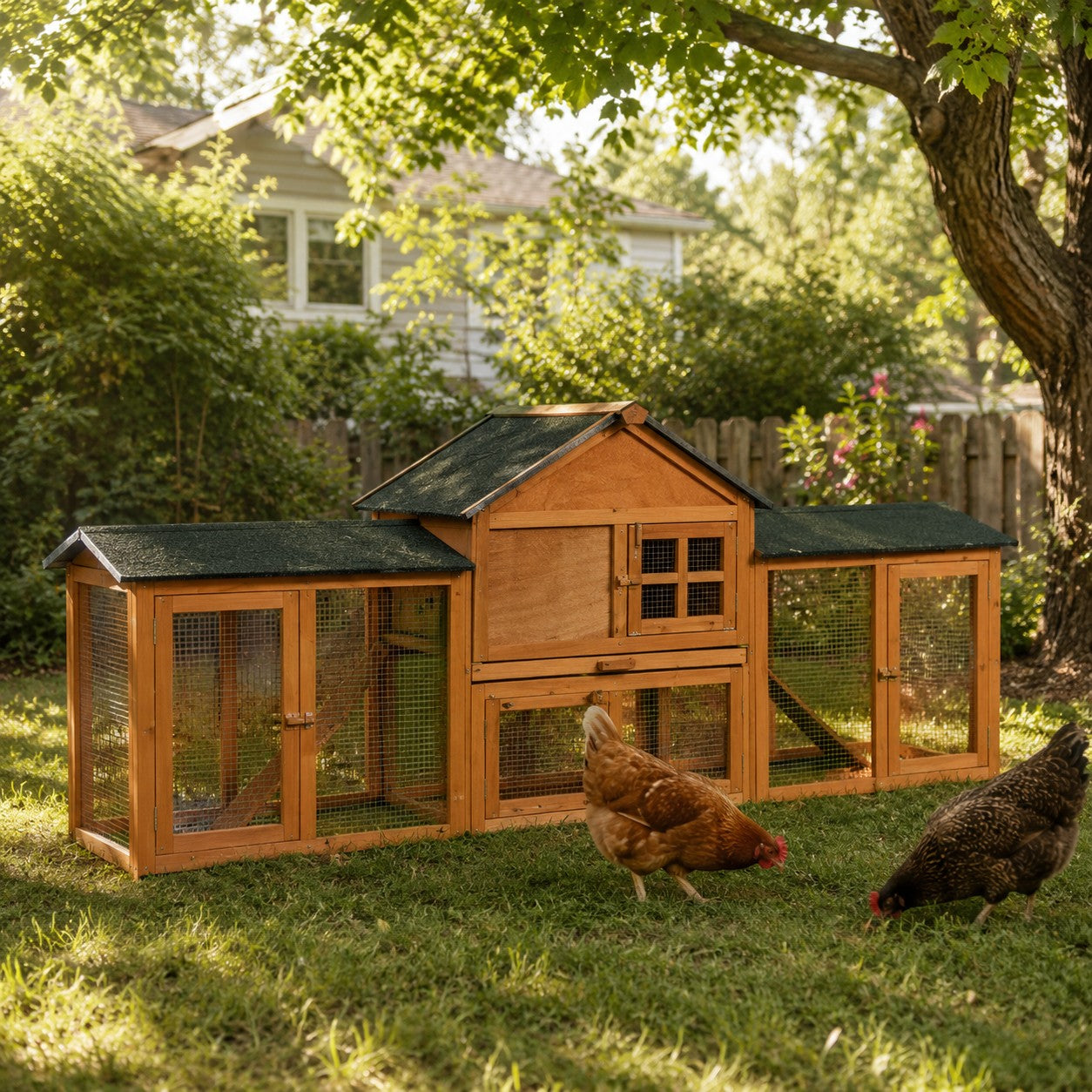 Mincy Pets 2-story wooden rabbit hutch with double side runs, waterproof roof, and wire mesh in a backyard setting.