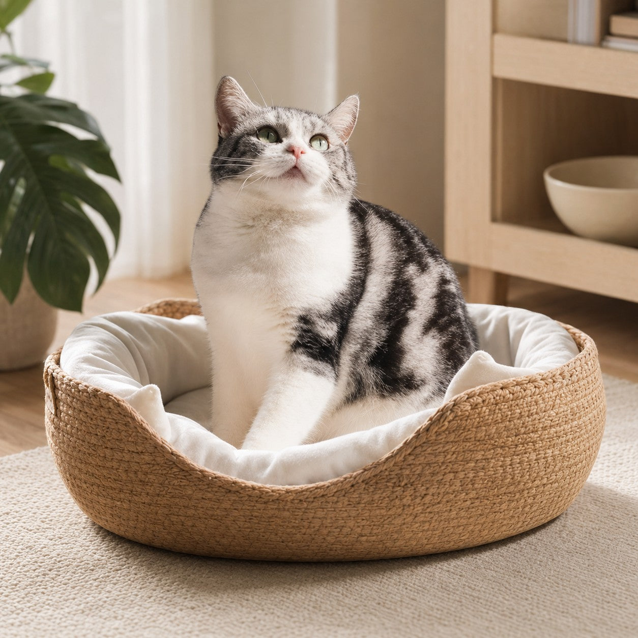 Mincy Pets woven paper-rope pet bed with a soft white cushion, featuring a cat sitting inside a cozy basket.