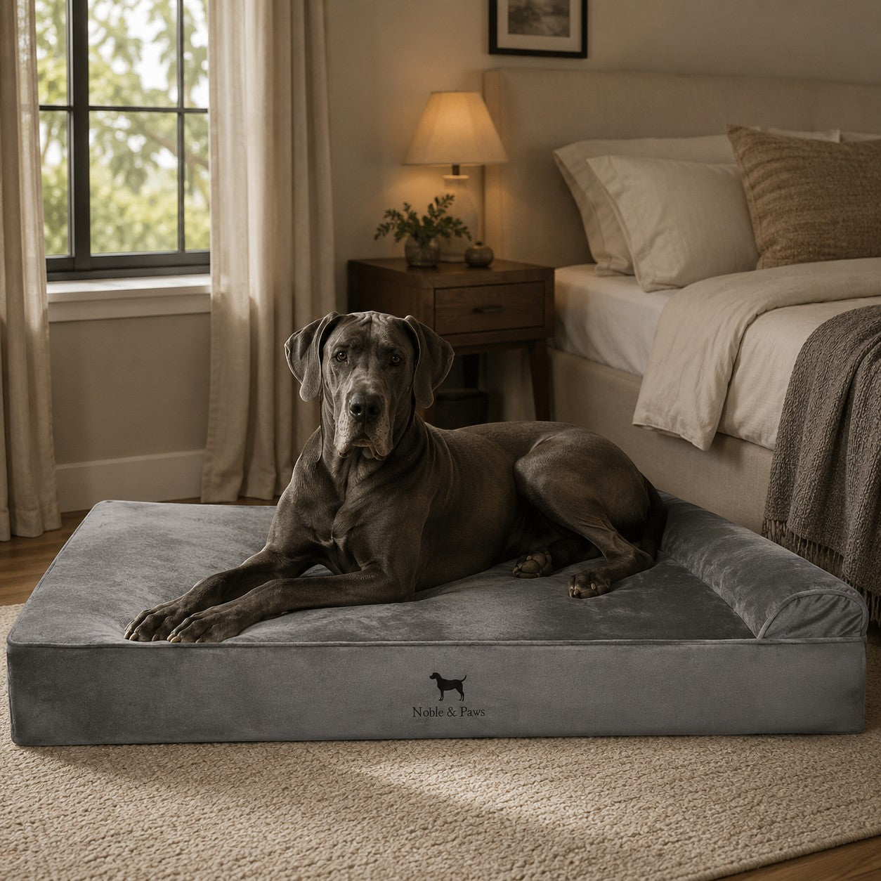 Mincy Pets XL orthopedic dog bed with cooling gel and grey memory foam, featuring a large dog resting in a bedroom.