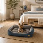Mincy Pets XXL dog sofa bed with blue exterior, grey plush interior, and raised backrest in a cozy bedroom setting.