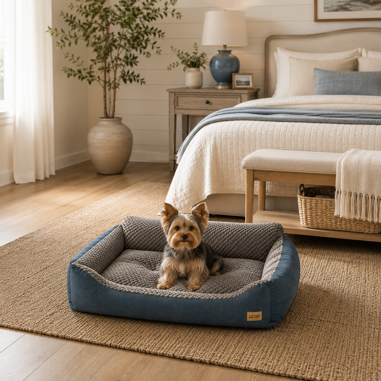 Mincy Pets XXL dog sofa bed with blue exterior, grey plush interior, and raised backrest in a cozy bedroom setting.