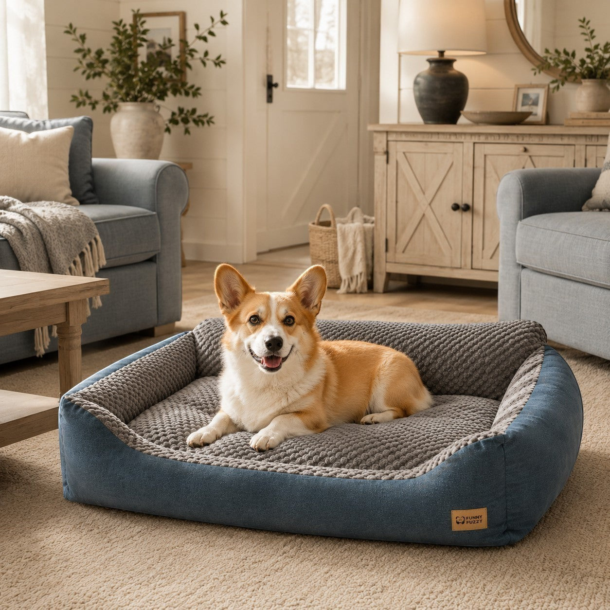 Mincy Pets XXL dog sofa bed with blue exterior, grey plush interior, and raised backrest, featuring a resting Corgi.
