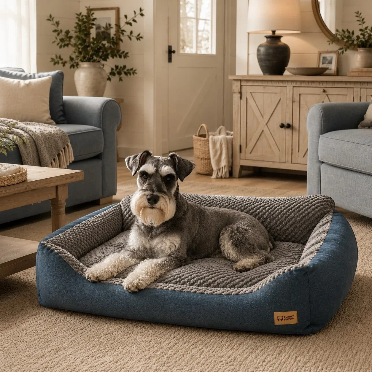 Mincy Pets XXL dog sofa bed with blue exterior and grey plush interior, featuring a raised backrest for comfort.