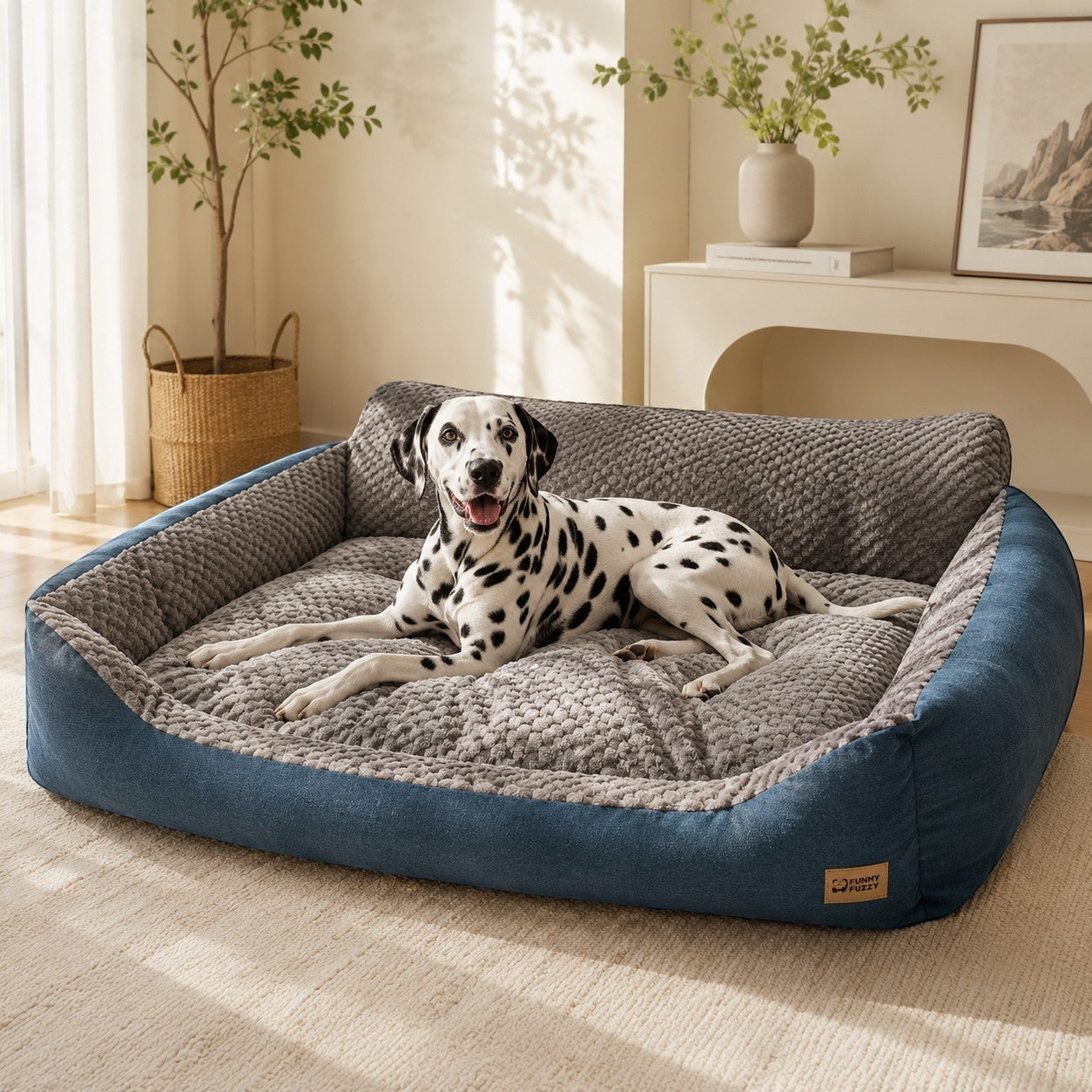 Mincy Pets XXL dog sofa bed with a plush grey interior, blue exterior, and a Dalmatian resting comfortably inside.