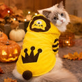 Mincy Pets yellow fleece hooded pet jumpsuit with a lion design and crown detail worn by a fluffy cat