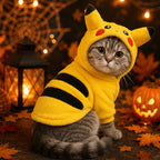 Mincy Pets Crittercozy yellow fleece hooded pet jumpsuit on a cat in a festive Halloween setting with pumpkins.